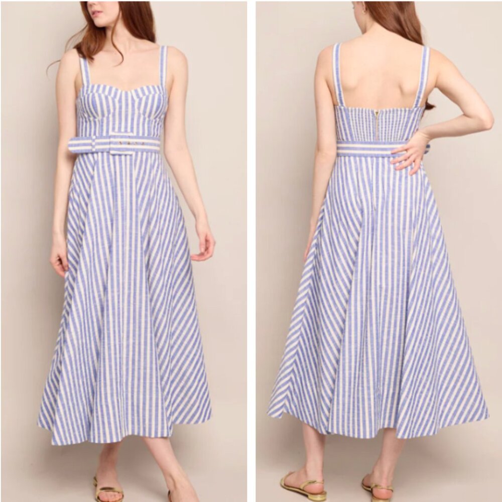NEW Cara Cara Calypso Midi Dress Sz6 Ivory Blue Striped Seersucker Vacation - Picture 2 of 13